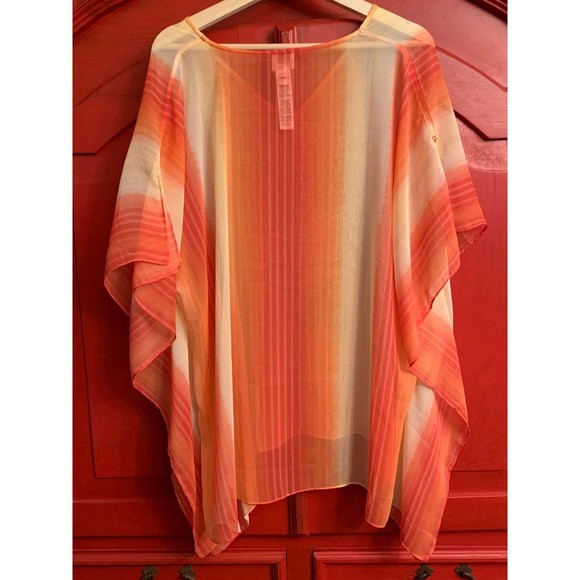Chicos SM/M Orange Yellow Ombre Batwing Sheer Shirt Flutter Sleeve Poncho EUC - Picture 2 of 4
